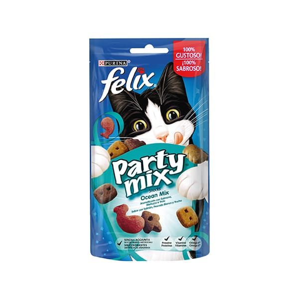 Felix Party Mix Gatto Snack Ocean Mix con Salmone - Merluzzo e Trota - 60 Gr