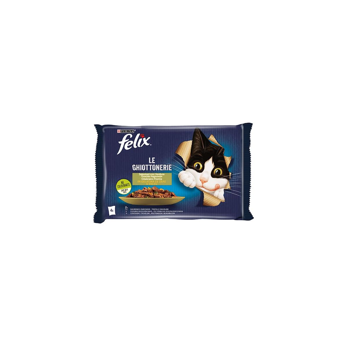Felix Gatto Le Ghiottonerie, con Verdure, Salmone e Trota in Gelatina, 4x85gr