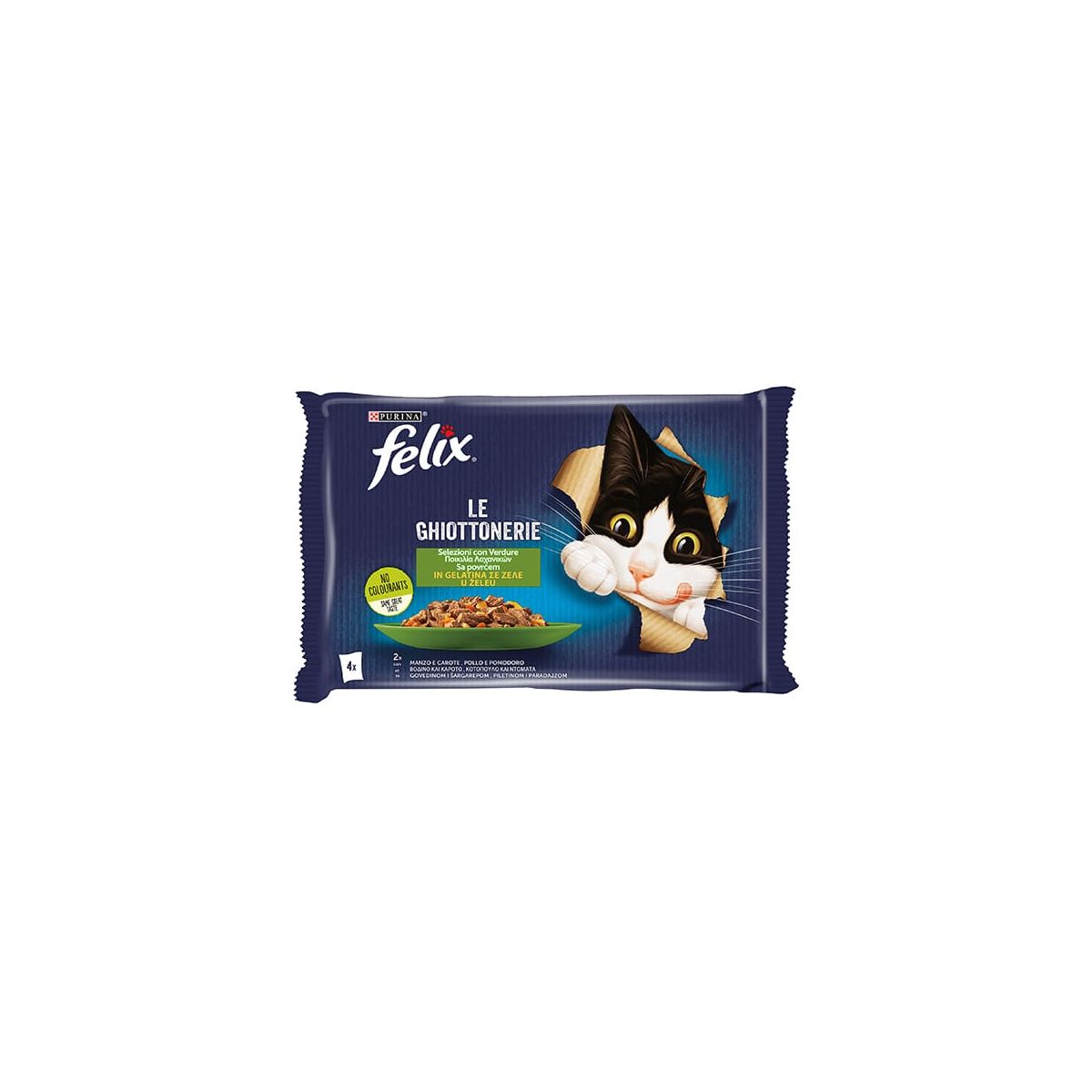 Felix Gatto Le Ghiottonerie, con Manzo, Carote, Pollo e Pomodoro, 4x85gr