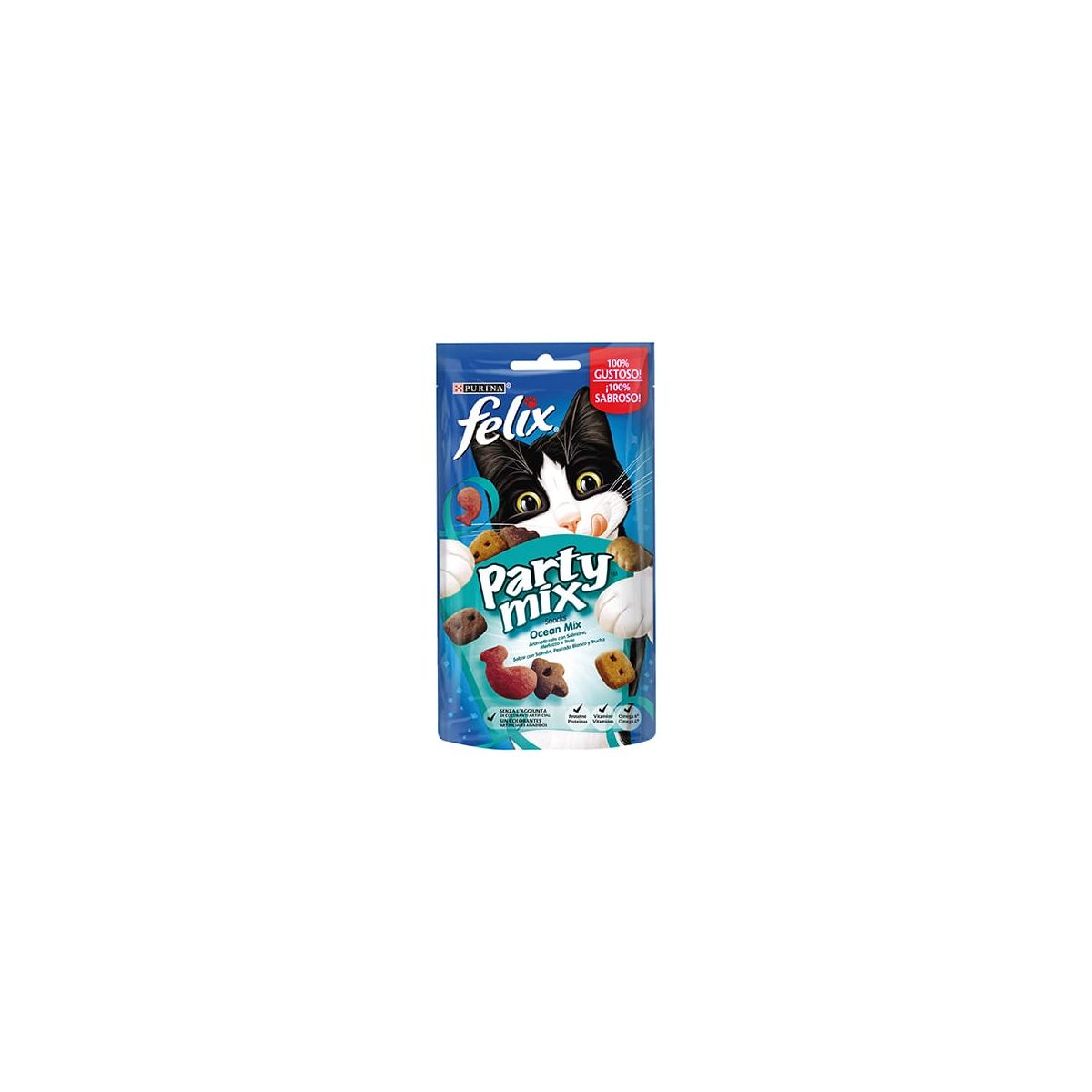 Felix Party Mix Gatto Snack Ocean Mix con Salmone, Merluzzo e Trota, 60 Gr