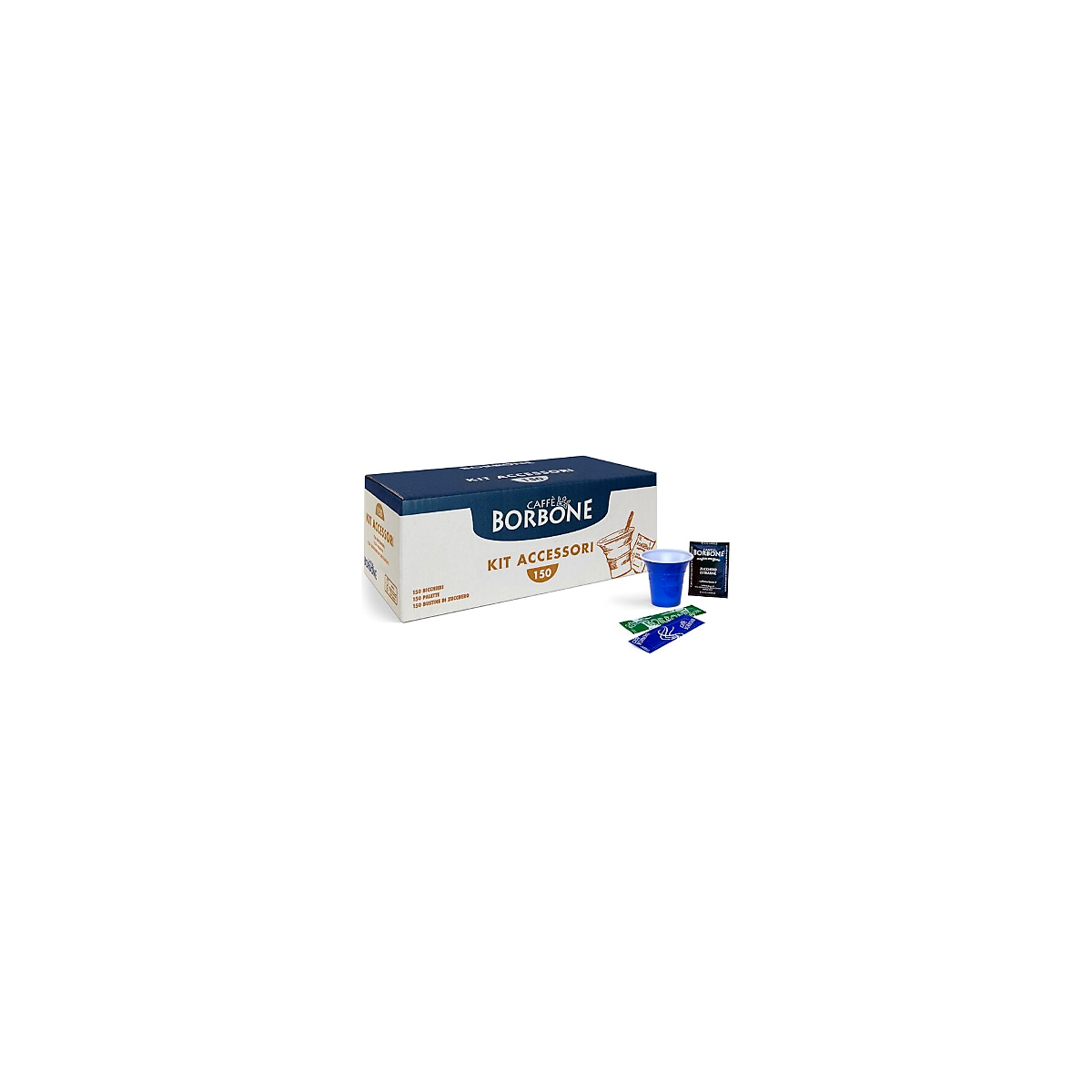 Kit caffè bicchierini palettine e zucchero Borbone, composto da 150 pezzi ciascuno