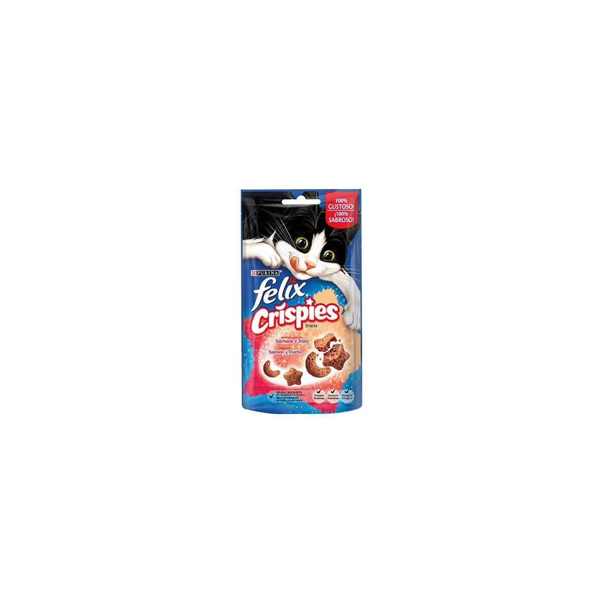 Purina Felix Crispies per Gatto, Snack con Salmone e Trota, 45gr
